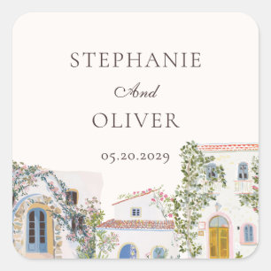 Adesivo Quadrado Casamento Italiano Mediterrâneo com Aquarela Paste