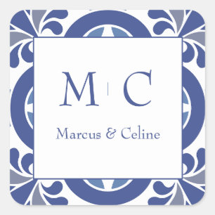 Adesivo Quadrado Casamento Mediterrâneo Costeiro Azul e Branco