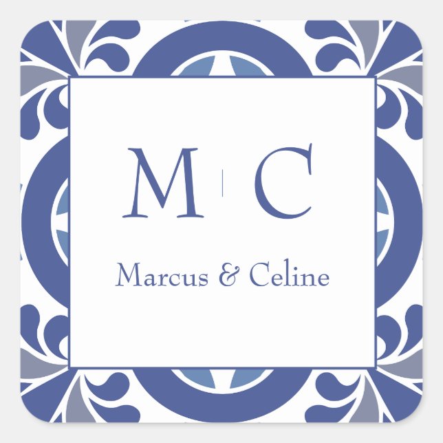 Adesivo Quadrado Casamento Mediterrâneo Costeiro Azul e Branco (Frente)
