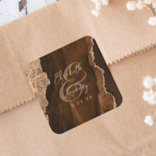 Adesivo Quadrado Casamento Mocha Marrom Dourado Ágata Script