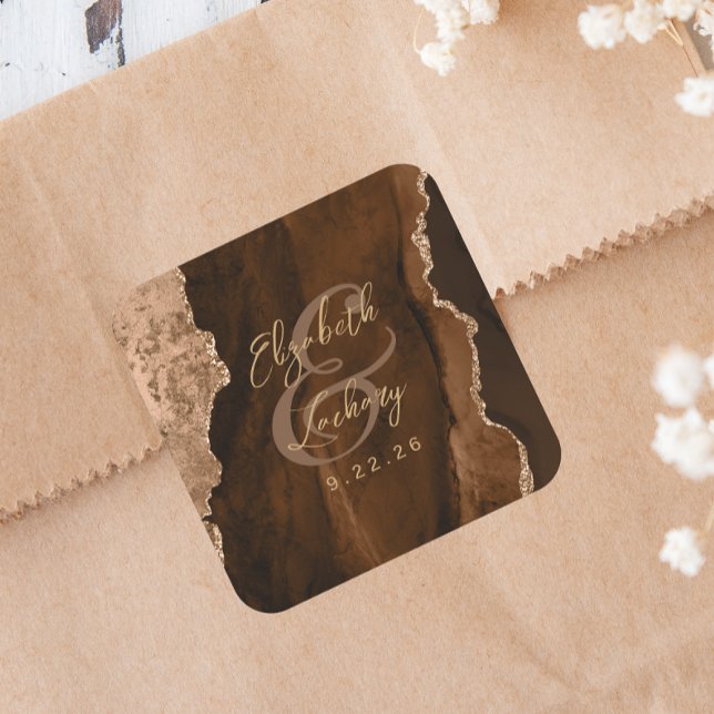 Adesivo Quadrado Casamento Mocha Marrom Dourado Ágata Script (Criador carregado)