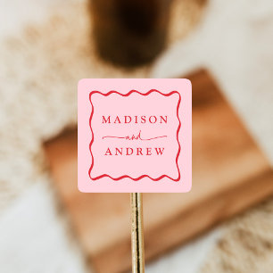 Adesivo Quadrado Casamento Moderno com Moldura Ondulada Rosa e Verm
