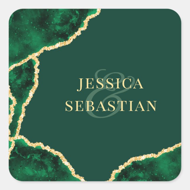 Adesivo Quadrado Casamento Moderno de Agate Verde e Dourado Esmeral (Frente)