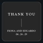 Adesivo Quadrado Casamento Moderno do Monograma Negro Fiona<br><div class="desc">Vinhetas de casamento contemporâneas e modernas,  com uma design simples e mínima com "Obrigado",  juntamente com os seus nomes e a data de casamento,  em tipografia ousada. Esse design de tipografia preto minimalista pode ser personalizado para qualquer cor que você escolher na ferramenta de edição de design.</div>