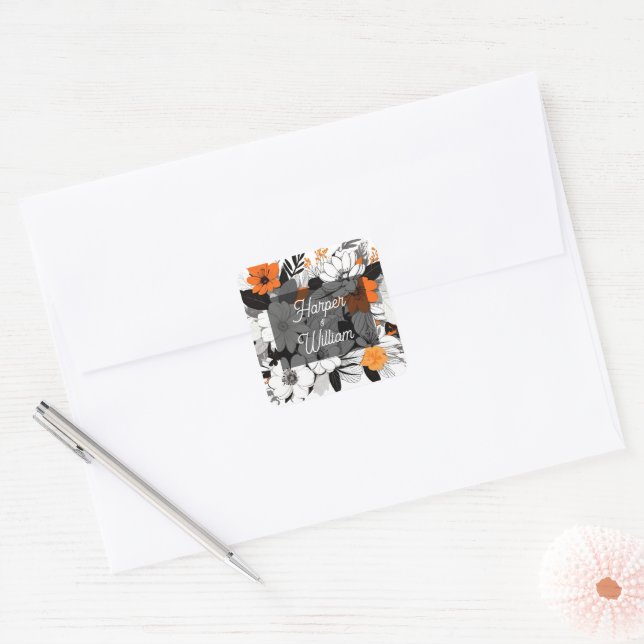 Adesivo Quadrado Casamento monocromático de flores laranja contempo (Envelope)