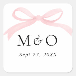 Adesivo Quadrado Casamento Monograma Aquarela Rosa Bege com Laço Mo