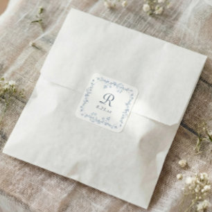 Adesivo Quadrado Casamento Monograma Floral Francês Azul Empoeirado