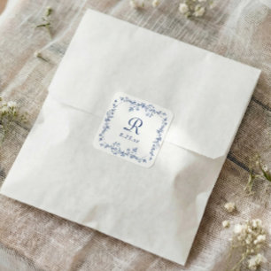 Adesivo Quadrado Casamento Monograma Floral Francês Azul Marinho Vi