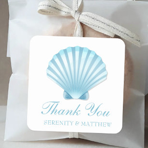 Adesivo Quadrado Casamento Náutico Azul Shell Beach Obrigado