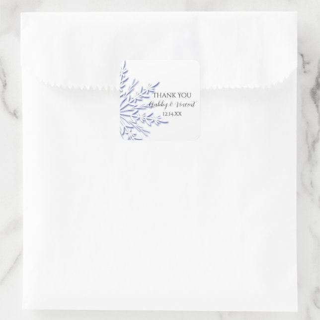 Adesivo Quadrado Casamento no inverno Azul Floco de Neve Obrigado E (Bolsa)
