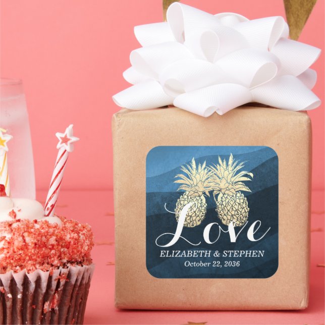 Adesivo Quadrado Casamento Obrigado Casal de abacaxi Azul Dourado C (Festa)