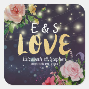 Adesivo Quadrado Casamento Obrigado Favor Chic Floral Purple Lights
