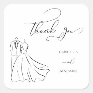 Adesivo Quadrado Casamento Obrigado Minimalista Preto Branco Script