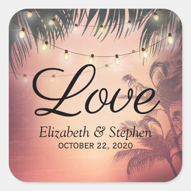 Adesivo Quadrado Casamento Obrigado Palm Trees De Verão Luzes De Co (Frente)