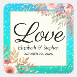 Adesivo Quadrado Casamento Obrigado Ponto Dourado do Teal Floral Ro