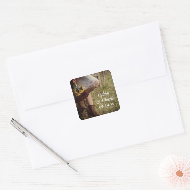 Adesivo Quadrado Casamento Ocidental entre Cowgirl e Sunflower (Envelope)