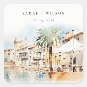 Adesivo Quadrado Casamento Paisagem Aquarela em Maiorca Espanha
