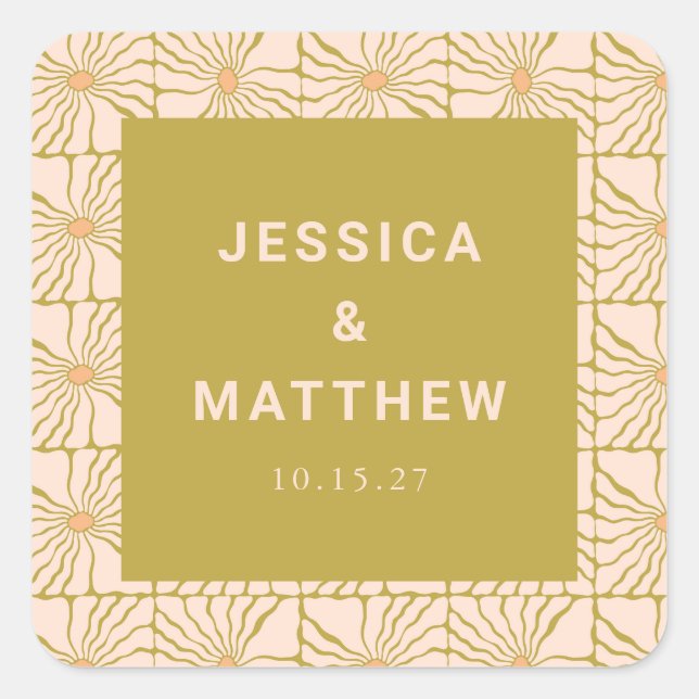 Adesivo Quadrado Casamento Personalizado Botânico Do Groovy Retro C (Frente)