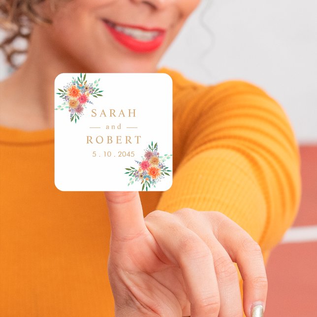 Adesivo Quadrado Casamento Personalizado Botânico Floral Rustic (Criador carregado)