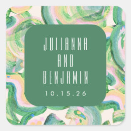 Adesivo Quadrado Casamento por Aquarela Abstrato Verde com Artsy Mo