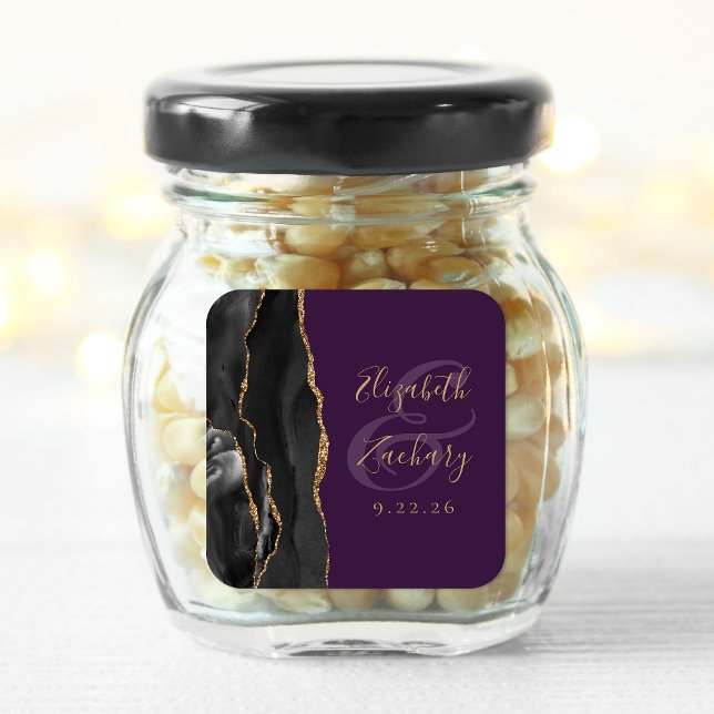 Adesivo Quadrado Casamento Preto Dourado Profundo Roxo Agate Script (Criador carregado)