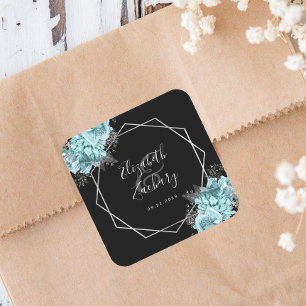 Adesivo Quadrado Casamento Preto Geométrico Floral Prateado Aqua