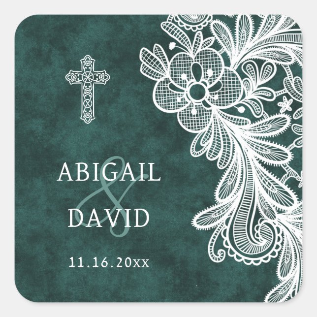 Adesivo Quadrado Casamento Religioso de Lace Emerald Green Velvet (Frente)