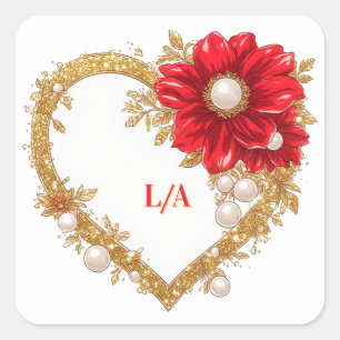 Adesivo Quadrado ✨ Casamento Romântico Com Moldura De Coração De Fl