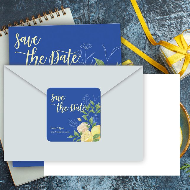 Adesivo Quadrado Casamento Romântico de Flores Azuis Limão Salva a  (Romantic Blue Flowers Lemon Wedding Save the Date Square Sticker)