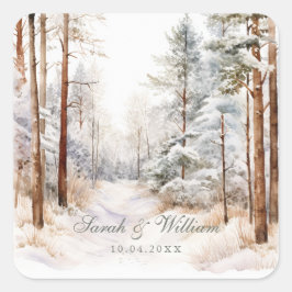 Adesivo Quadrado Casamento romântico de inverno na floresta de neve