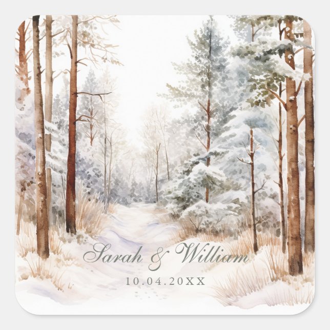 Adesivo Quadrado Casamento romântico de inverno na floresta nevada (Frente)