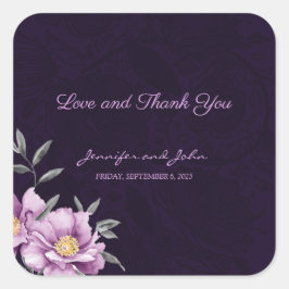 Adesivo Quadrado Casamento Romântico de Pestes de Púrpura de Aquare