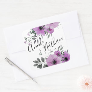 Adesivo Quadrado Casamento Romântico de Script Floral bonito Roxo