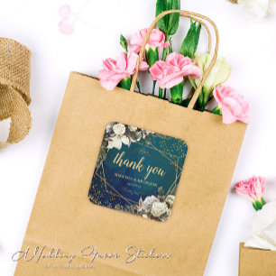 Adesivo Quadrado Casamento Romântico Floral Dourado Wreath Obrigad