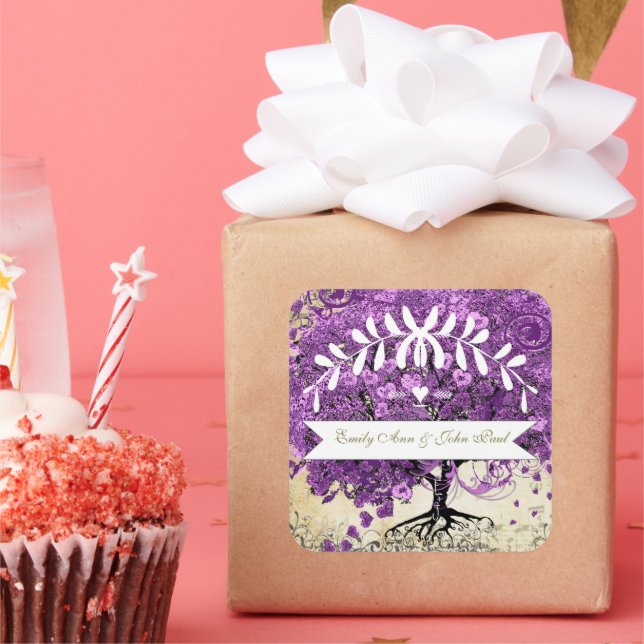 Adesivo Quadrado Casamento Roxo Roxo-Romântico Folha do Coração (Festa)