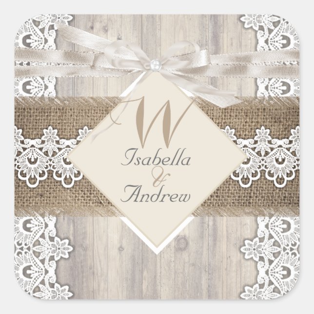 Adesivo Quadrado Casamento Russo Beige White Lace Wood Burlap AB (Frente)