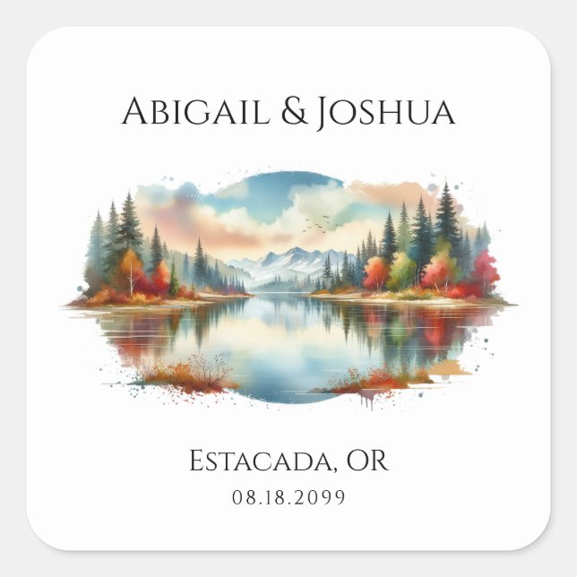 Adesivo Quadrado Casamento Rustic Autumn Lakeside Forest (Frente)