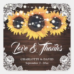 Adesivo Quadrado Casamento Rustic Chic Wood Lace Sunflower Obrigado