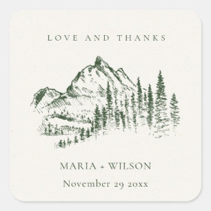 Adesivo Quadrado Casamento Rustic Green Pine Woods Mountain Sketch
