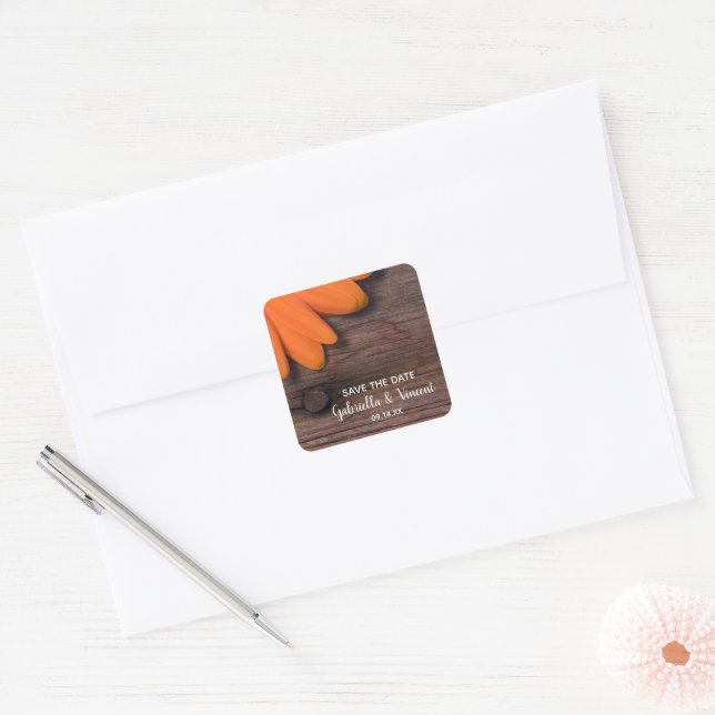 Adesivo Quadrado Casamento Rustic Orange Daisy Country Salve a Data (Envelope)