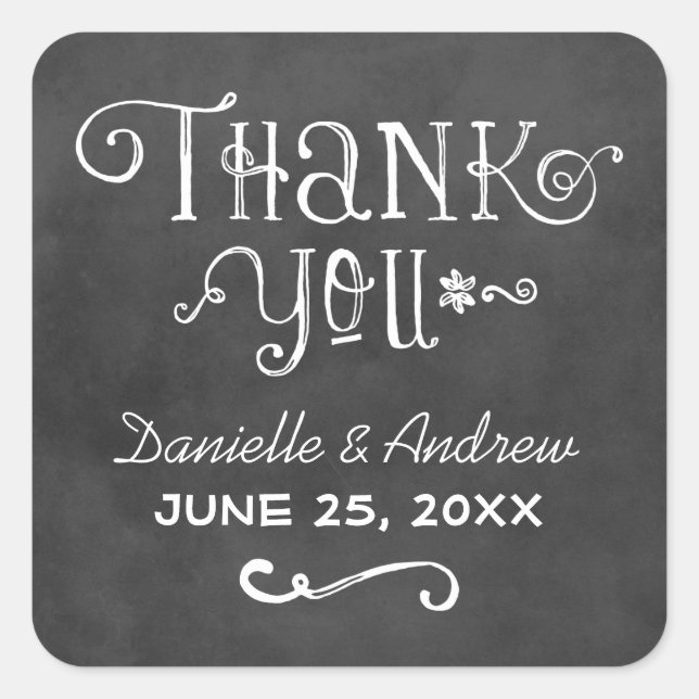 Adesivo Quadrado Casamento Rustic Script Chalkboard Obrigado Black (Frente)