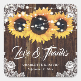 Adesivo Quadrado Casamento Rustic Sunflower Wood Lace Obrigado
