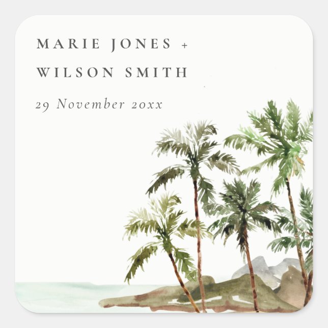 Adesivo Quadrado Casamento Rustic Tropical Palm Trees Beach Sand (Frente)