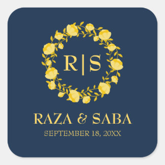 Adesivo Quadrado Casamento Safira Graça Azul e Dourado