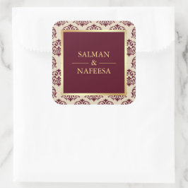 Adesivo Quadrado Casamento tema damasco Faux Gold Foil Burgundy
