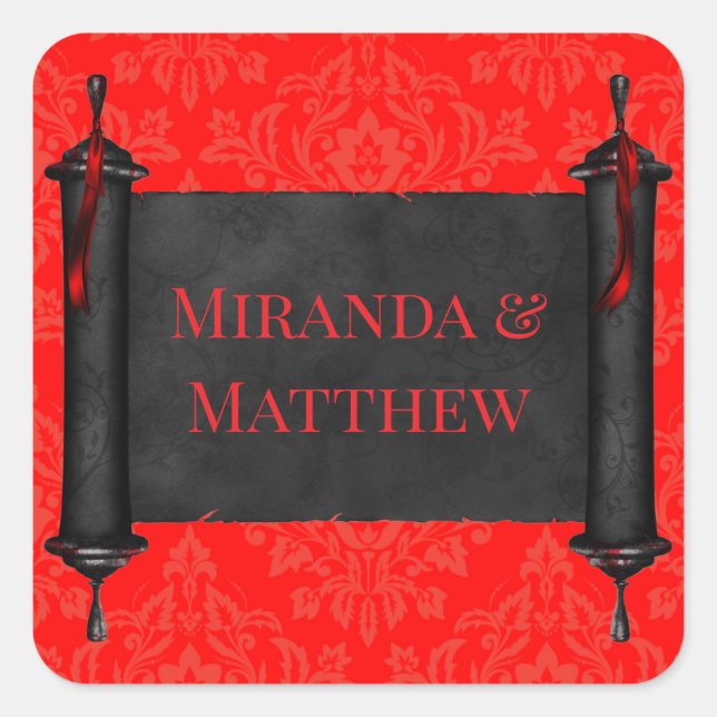 Adesivo Quadrado Casamento tema damasco preto vermelho de rolagem j (Frente)
