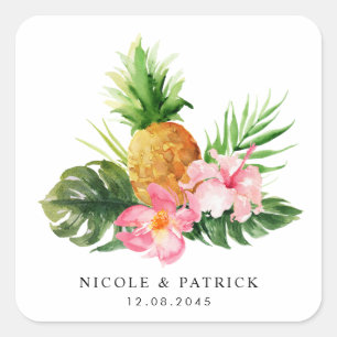 Adesivo Quadrado Casamento Tropical com Abacaxi e Hibisco em Aquare