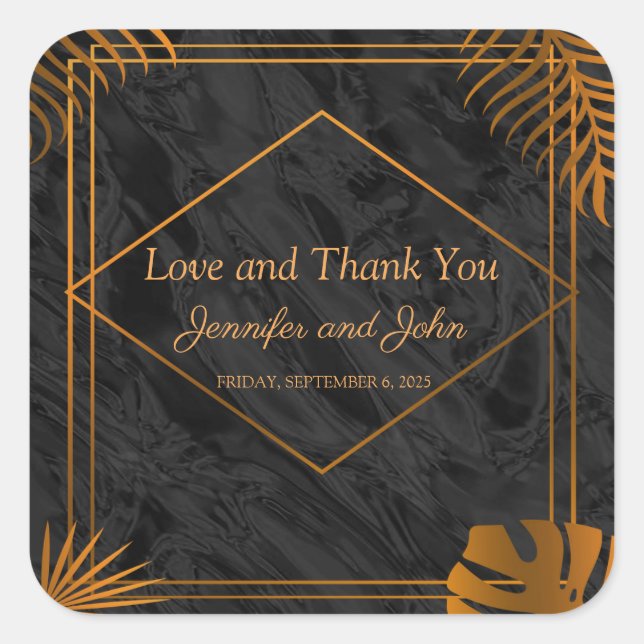 Adesivo Quadrado Casamento Tropical com Folhas Douradas e Frame Geo (Frente)