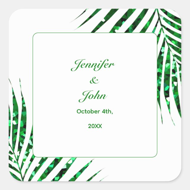 Adesivo Quadrado Casamento Tropical de Palm Leaf Emerald Green (Frente)