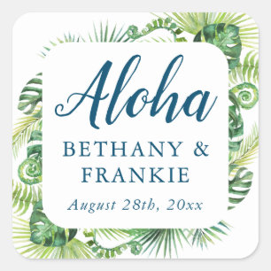 Adesivo Quadrado Casamento Tropical Greenery Aloha Beach Obrigado